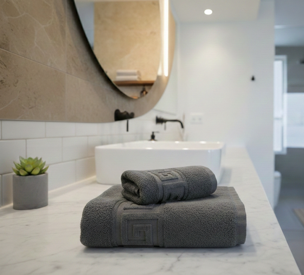 Set family Lux 5 prosoape pufoase și covoraș de Baie – Bumbac pieptanat 100%